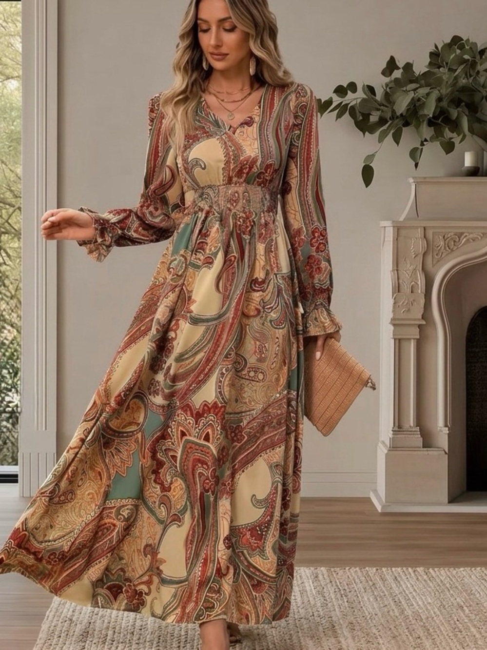 Boho Paisley Long Sleeve Maxi Dress in Beige and Rust M
